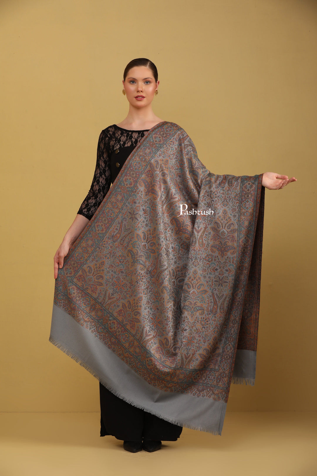 Pashtush India Womens Shawls Pashtush Womens Faux Pashmina Shawl, Jamawar Design, Grey