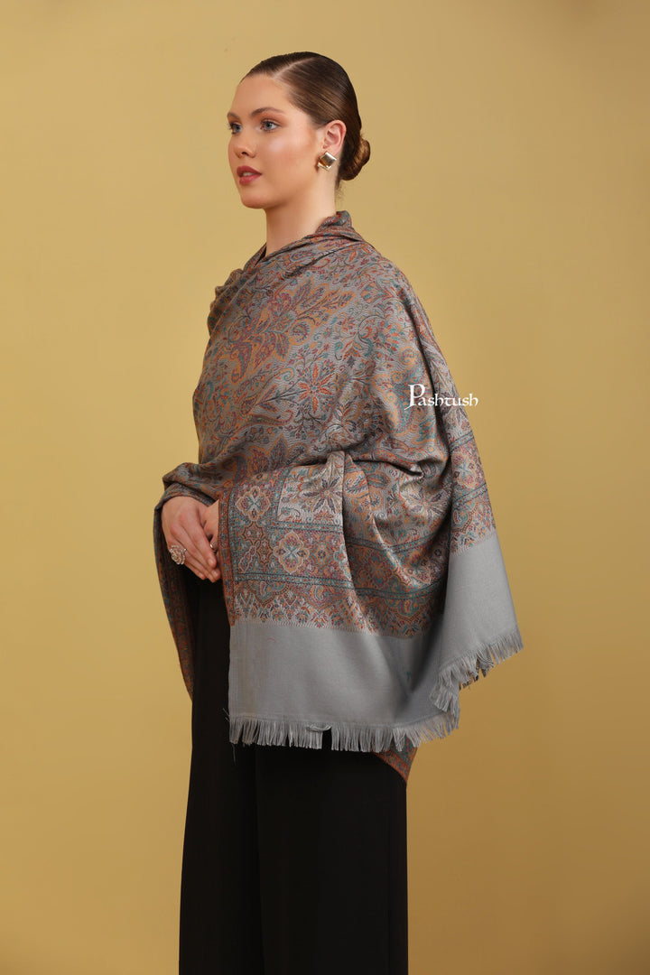 Pashtush India Womens Shawls Pashtush Womens Faux Pashmina Shawl, Jamawar Design, Grey