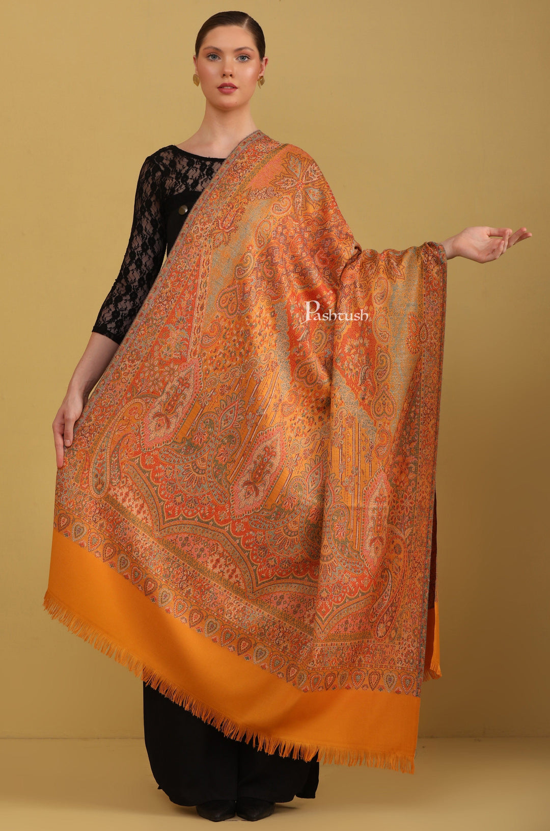 Pashtush India Womens Shawls Pashtush Womens Faux Pashmina Shawl, Jamawar Design, Mustard