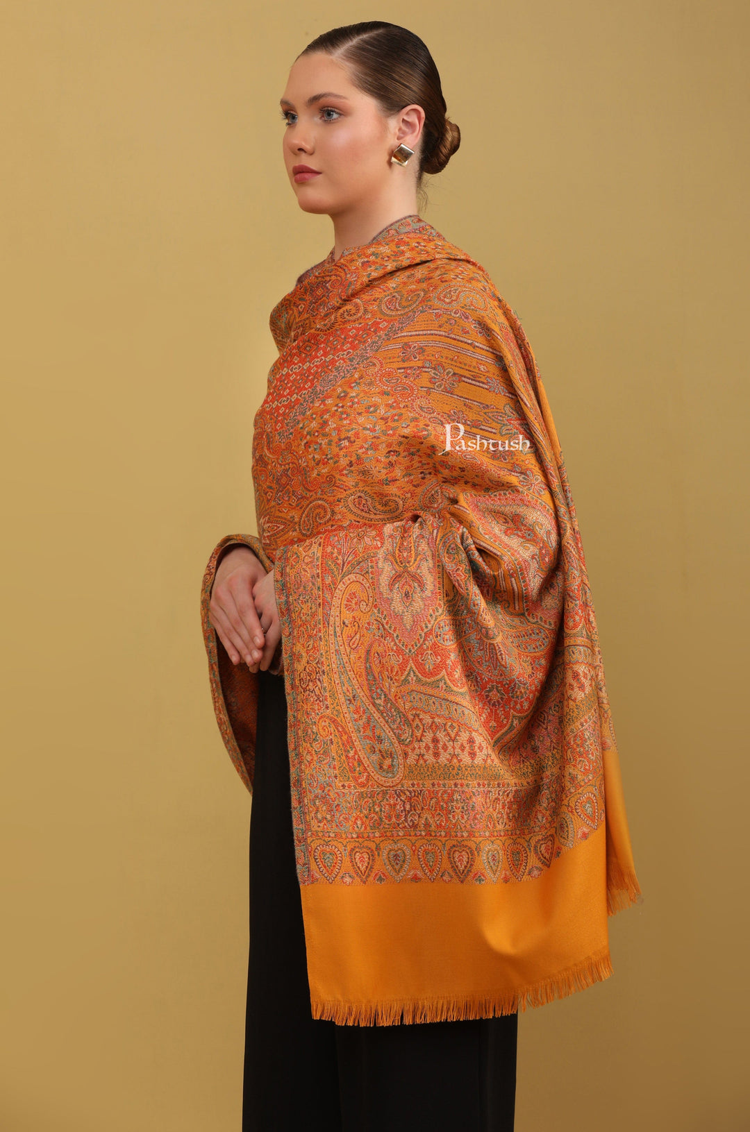 Pashtush India Womens Shawls Pashtush Womens Faux Pashmina Shawl, Jamawar Design, Mustard