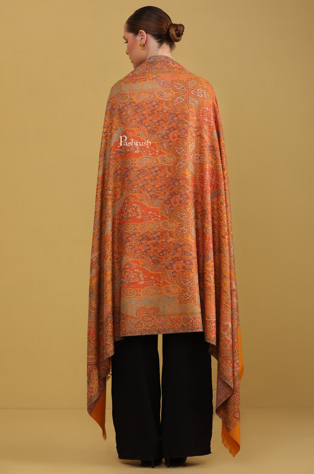 Pashtush India Womens Shawls Pashtush Womens Faux Pashmina Shawl, Jamawar Design, Mustard