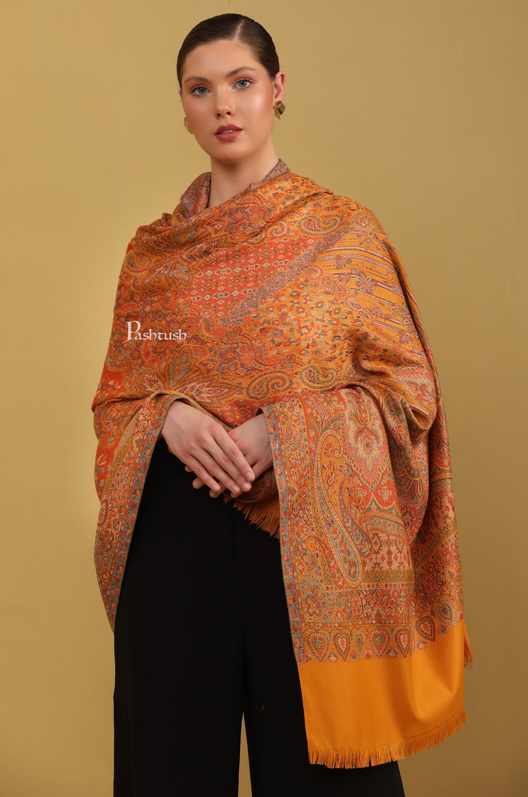 Pashtush India Womens Shawls Pashtush Womens Faux Pashmina Shawl, Jamawar Design, Mustard