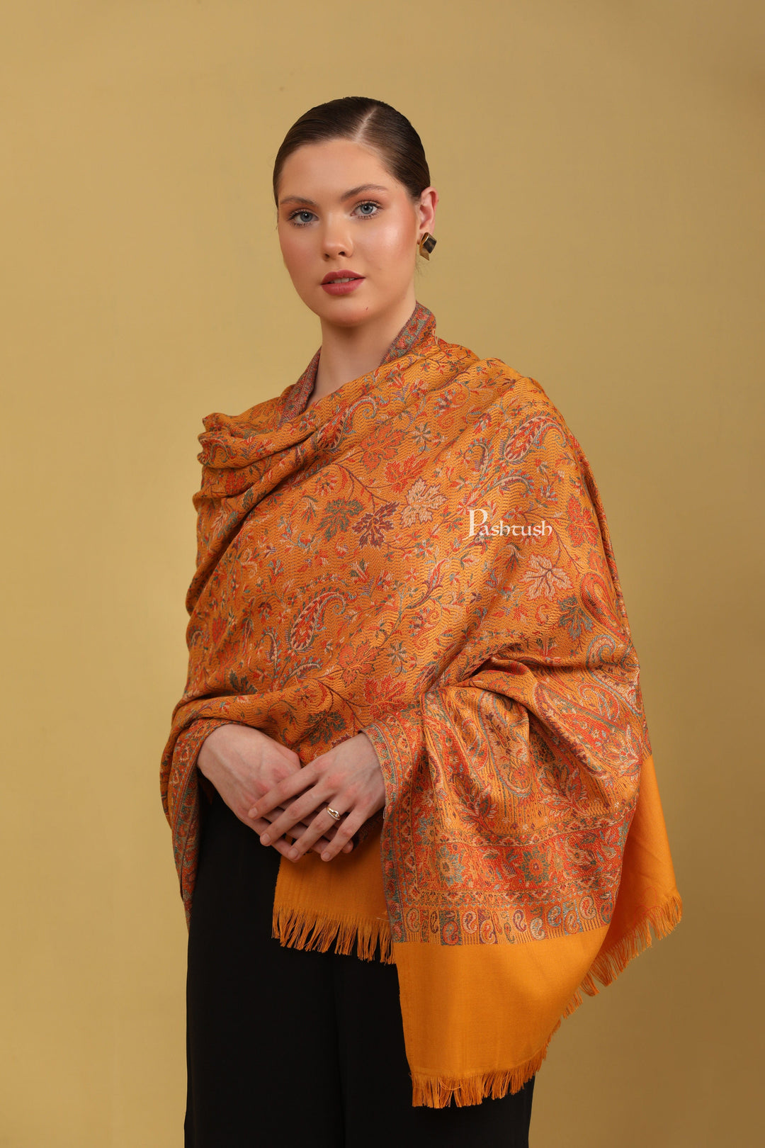 Pashtush India Womens Shawls Pashtush Womens Faux Pashmina Shawl, Jamawar Design, Mustard