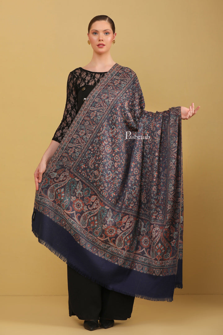 Pashtush India Womens Shawls Pashtush Womens Faux Pashmina Shawl, Jamawar Design, Navy Blue