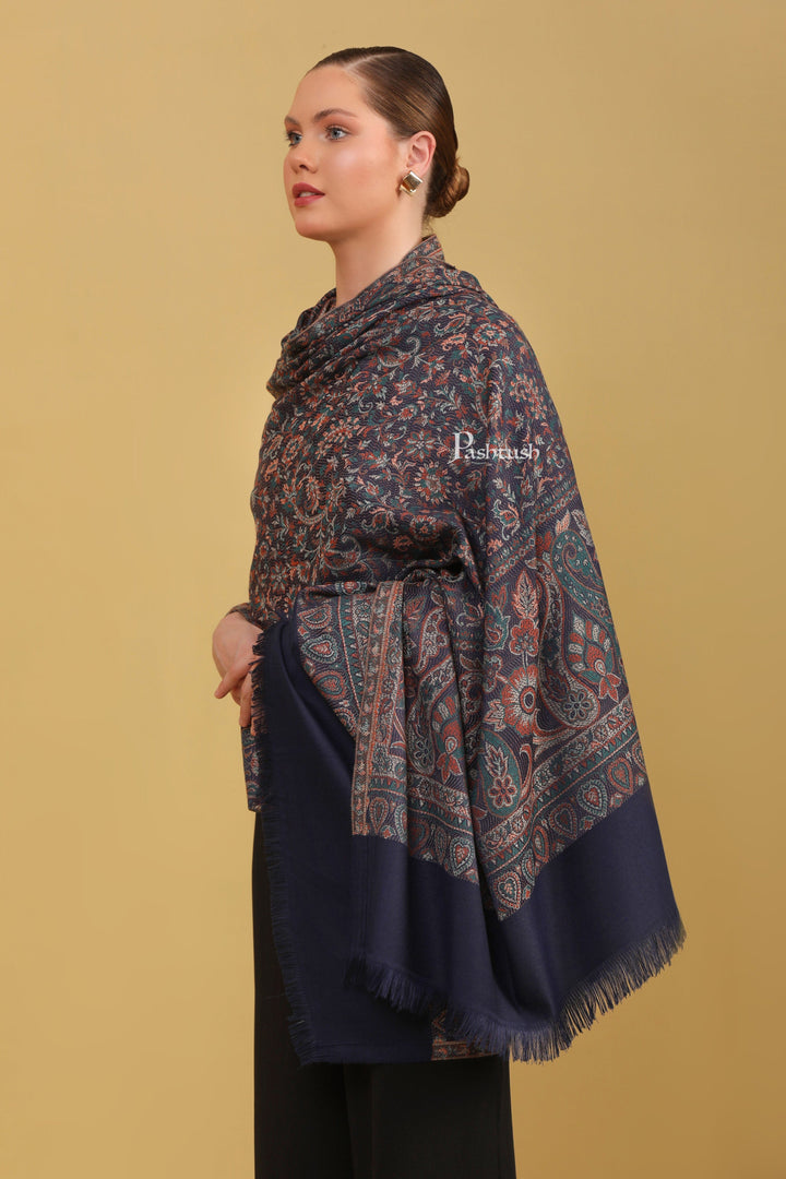 Pashtush India Womens Shawls Pashtush Womens Faux Pashmina Shawl, Jamawar Design, Navy Blue