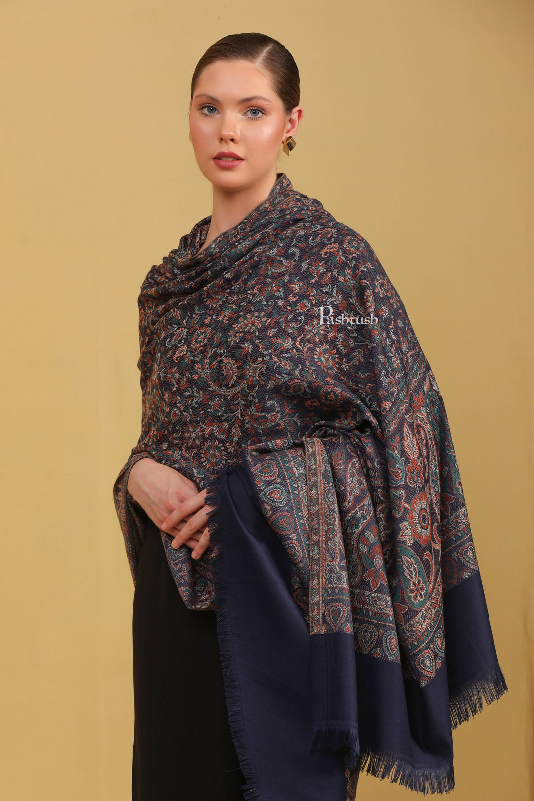 Pashtush India Womens Shawls Pashtush Womens Faux Pashmina Shawl, Jamawar Design, Navy Blue