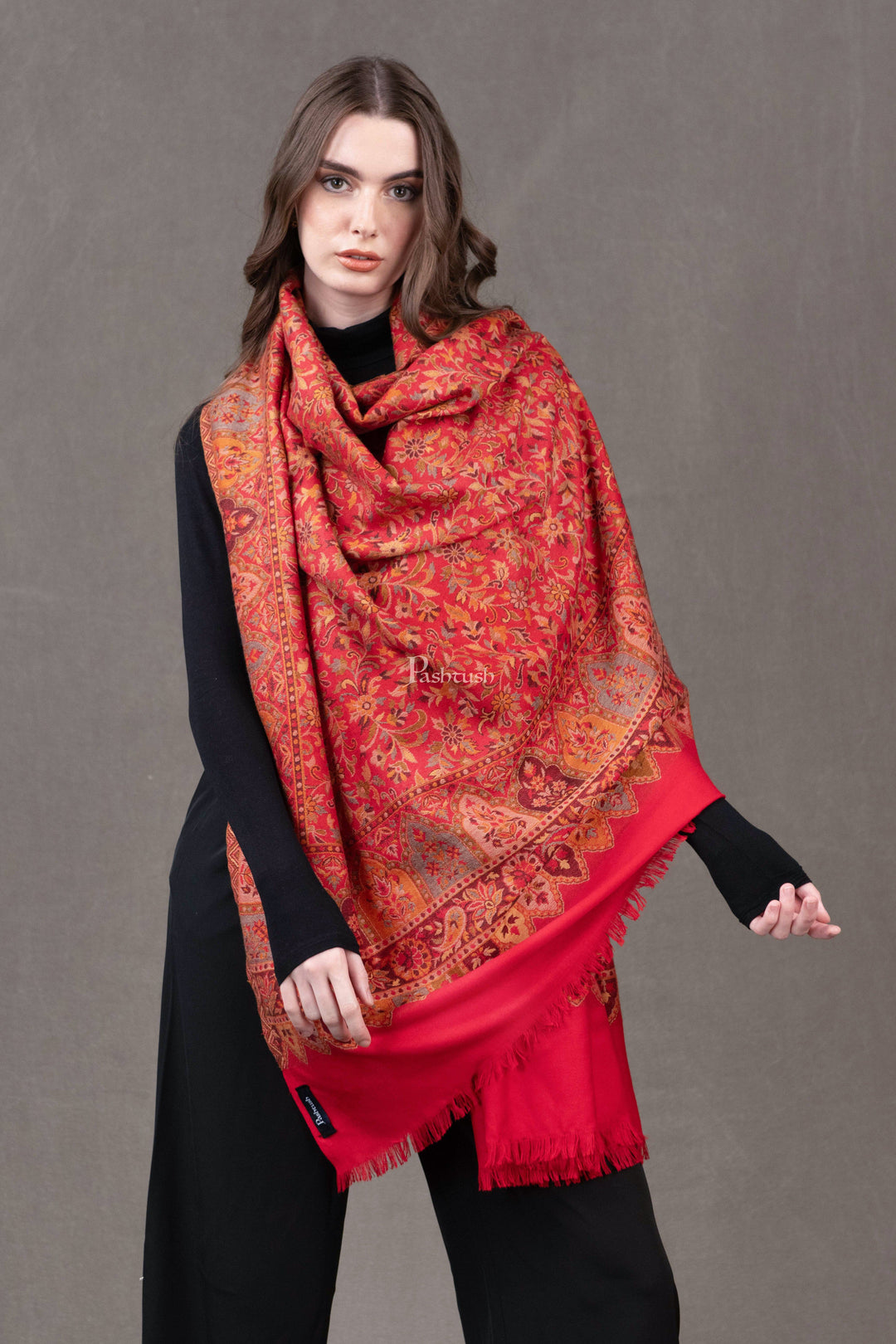 Pashtush India Womens Shawls Pashtush Womens Faux Pashmina Shawl, Jamawar Design, Red