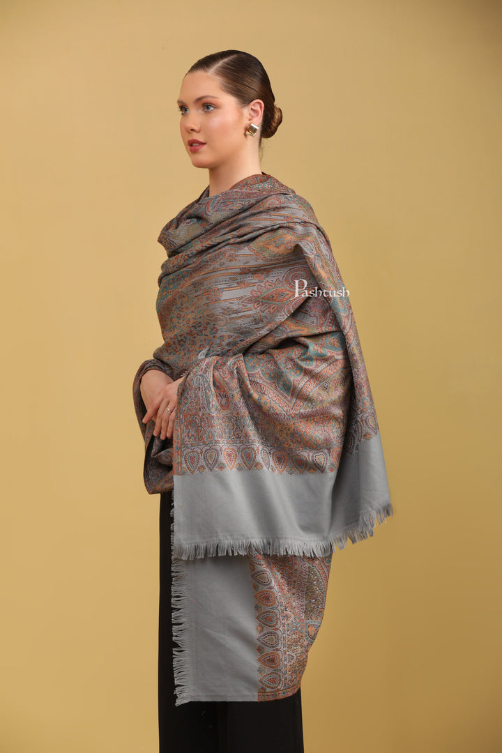 Pashtush India Womens Shawls Pashtush Womens Faux Pashmina Shawl, Jamawar Design, Slate Grey