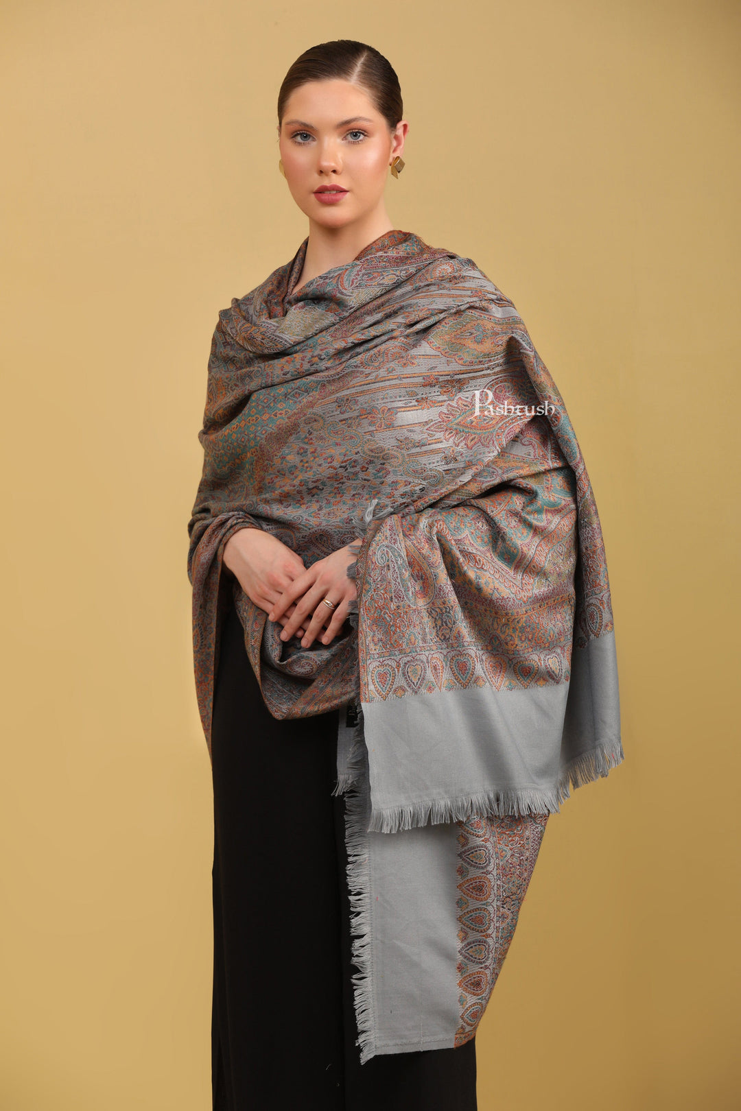 Pashtush India Womens Shawls Pashtush Womens Faux Pashmina Shawl, Jamawar Design, Slate Grey