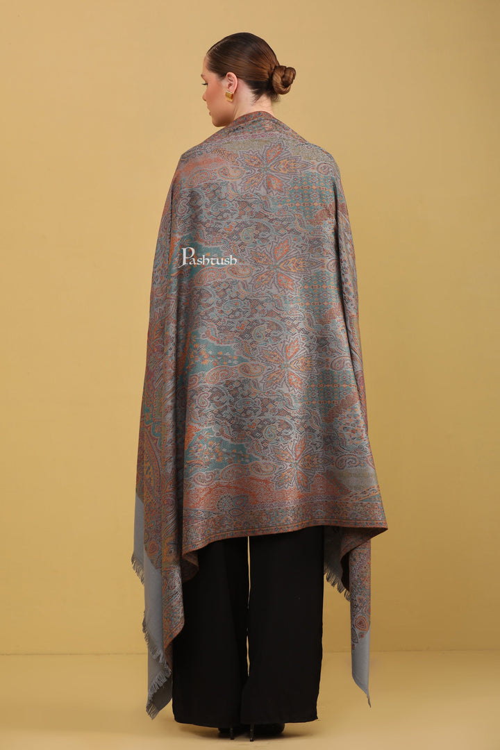 Pashtush India Womens Shawls Pashtush Womens Faux Pashmina Shawl, Jamawar Design, Slate Grey