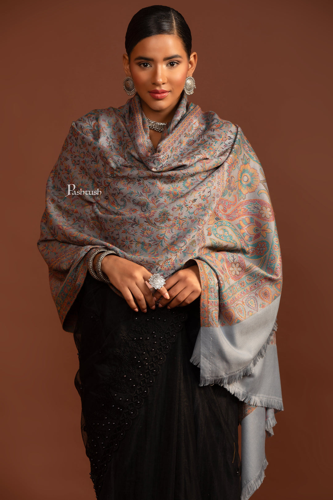 Pashtush India Womens Shawls Pashtush Womens Faux Pashmina Shawl, Jamawar Design, Slate Grey