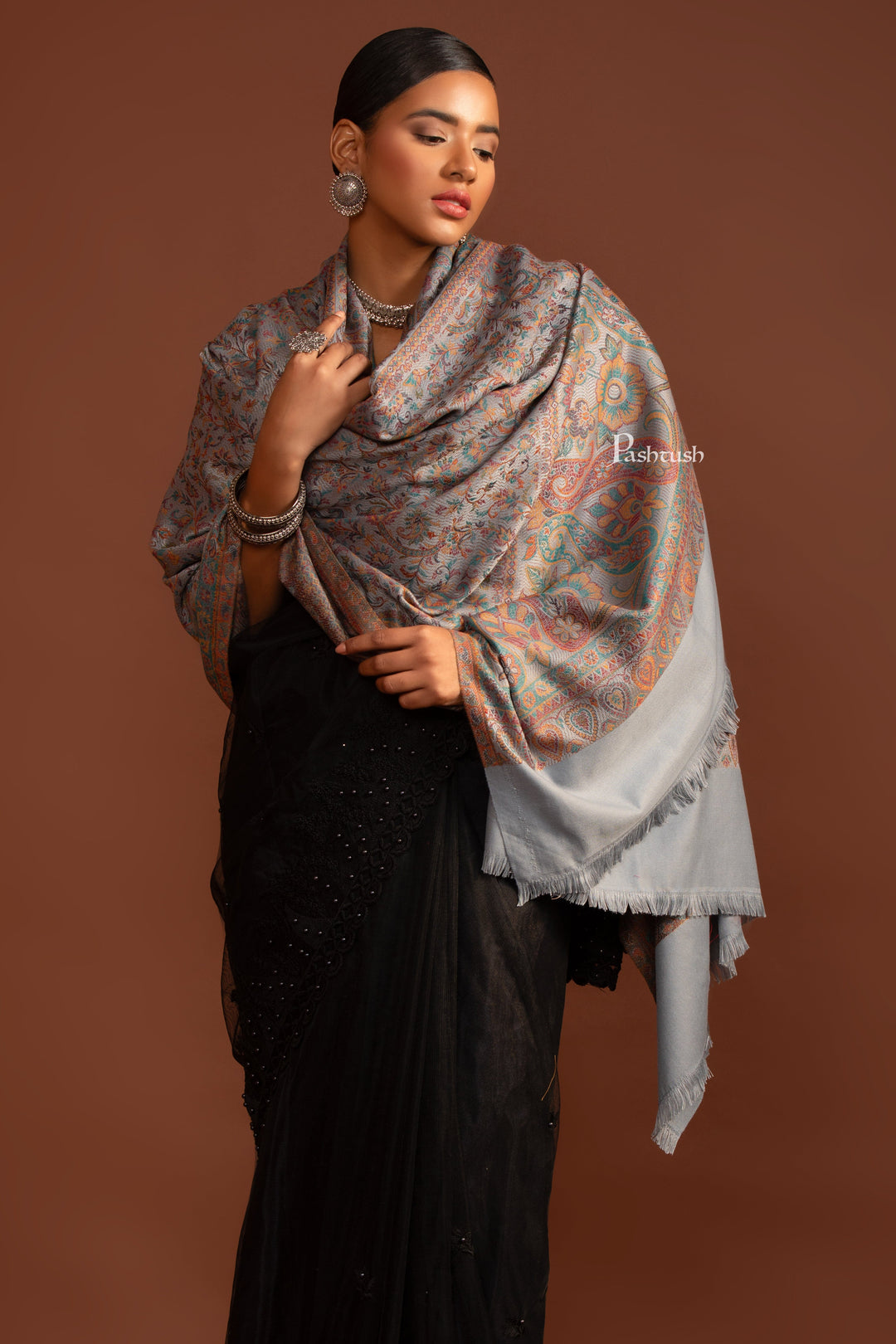 Pashtush India Womens Shawls Pashtush Womens Faux Pashmina Shawl, Jamawar Design, Slate Grey