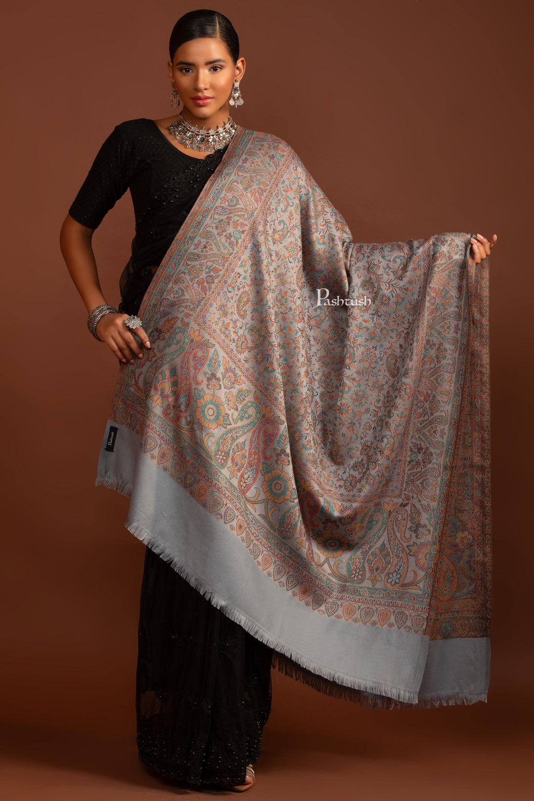 Pashtush India Womens Shawls Pashtush Womens Faux Pashmina Shawl, Jamawar Design, Slate Grey