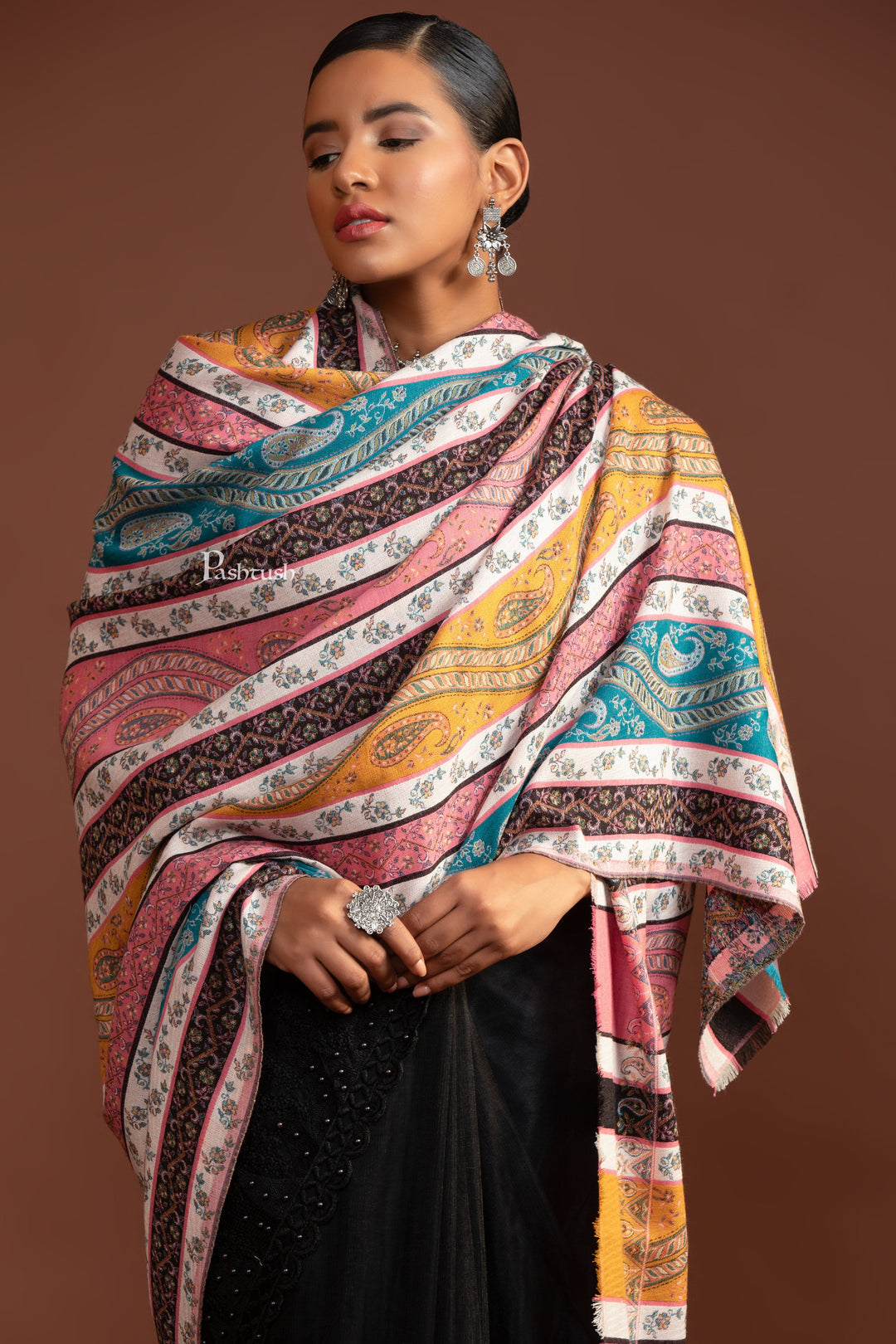 Pashtush India womens scarf and Stoles Pashtush Womens Faux Pashmina Shawl, Multi Stripe Design, Multicolour