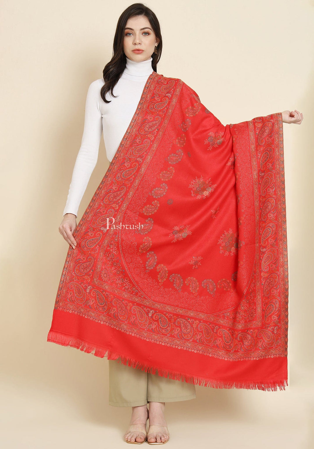 Pashtush India Womens Shawls Pashtush Womens Faux Pashmina Shawl, Paisley Weave Zari Design, Red