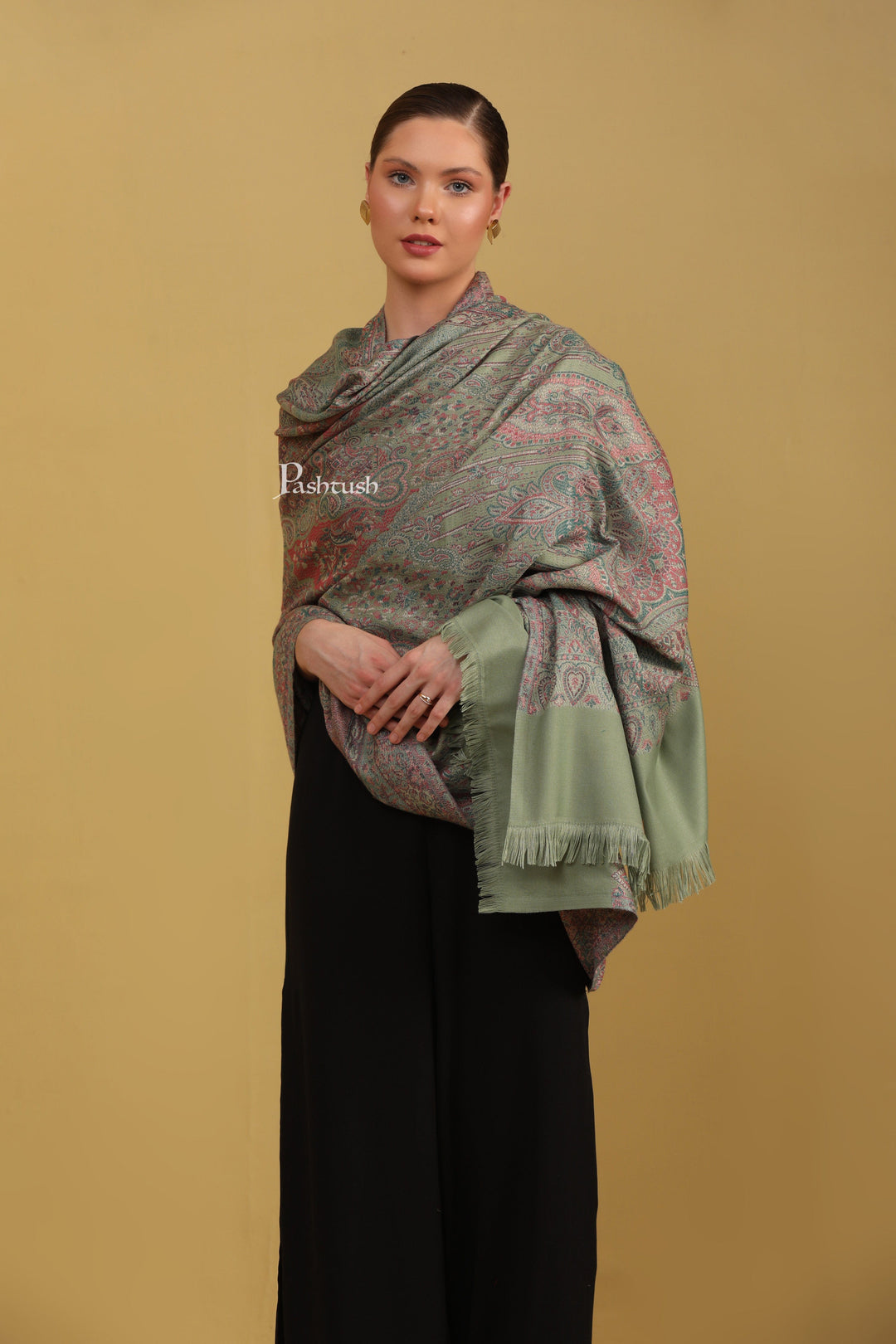 Pashtush India Womens Shawls Pashtush Womens Faux Pashmina Shawl, Pasiley Weave Design, Olive Green