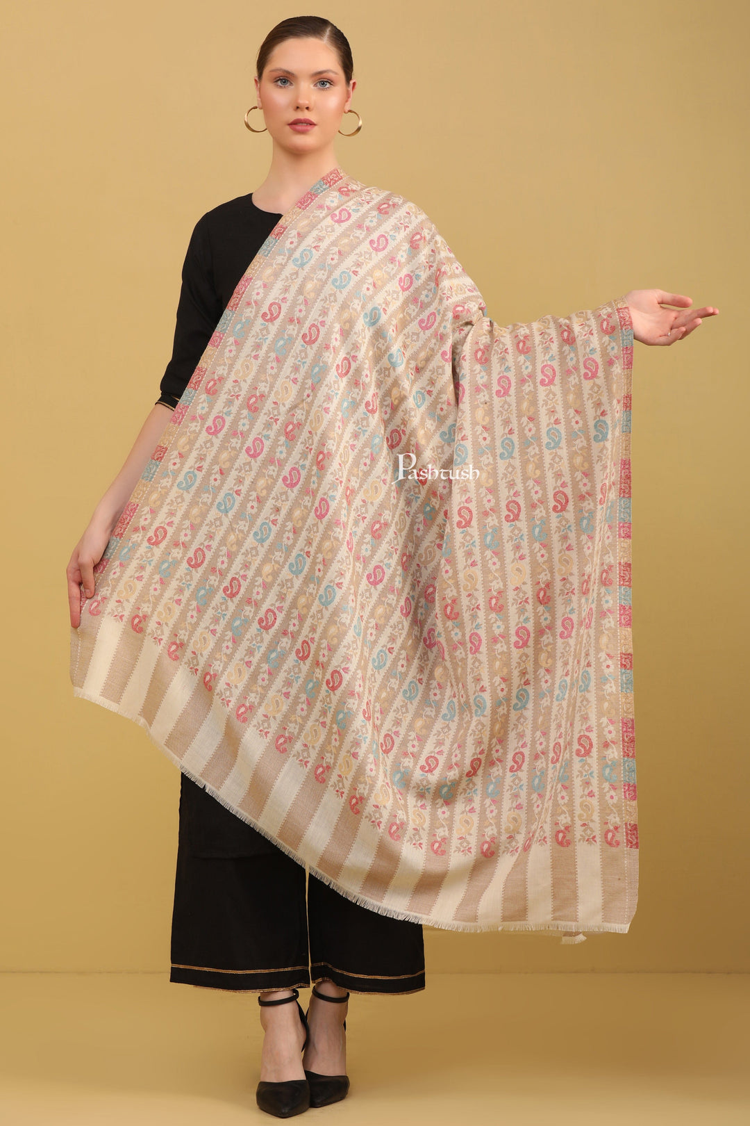 Pashtush India Womens Shawls Pashtush Womens Faux Pashmina Shawl, Stripe Weave With Zari Design, Ivory