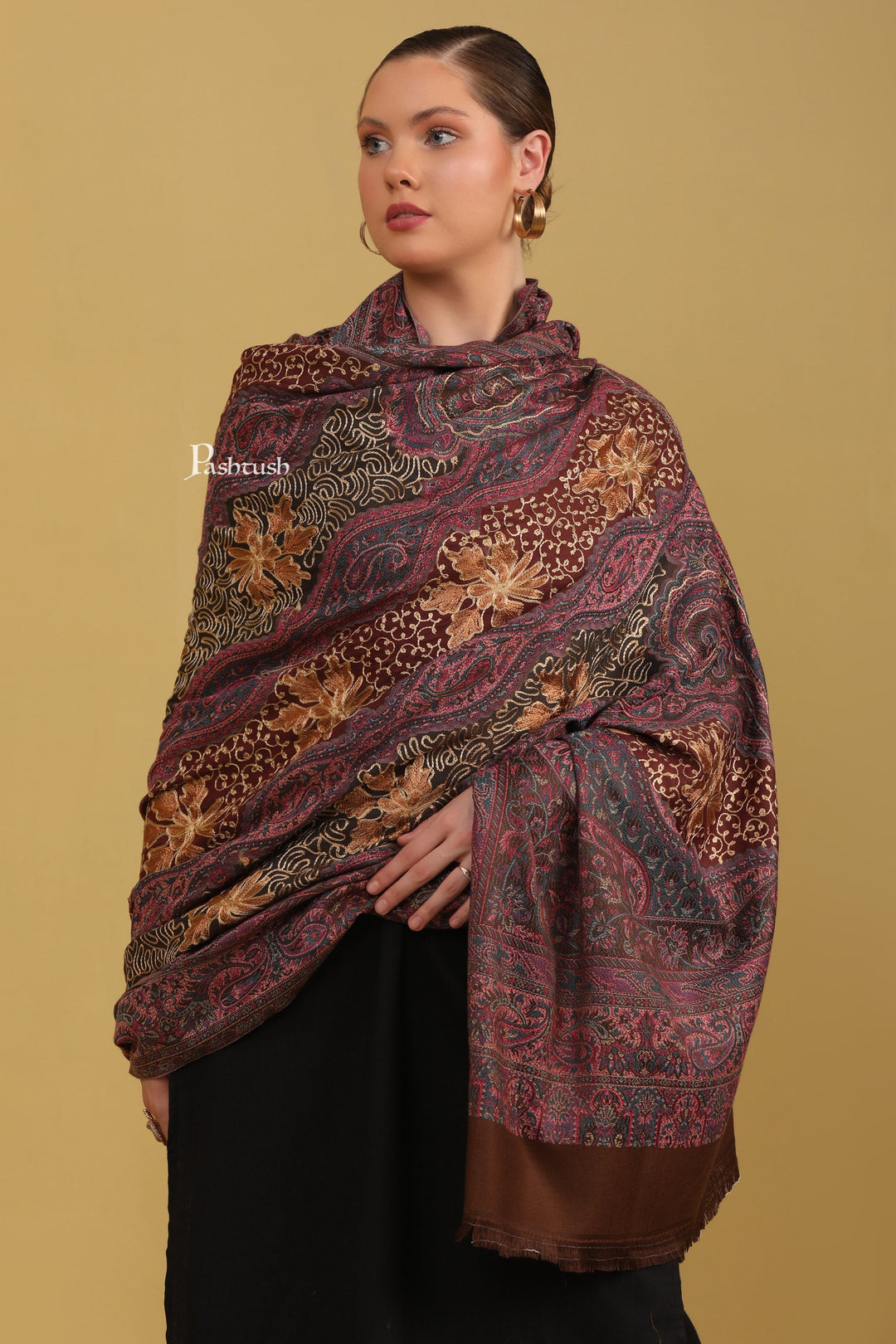 Pashtush India Womens Shawls Pashtush Womens Faux Pashmina Shawl, With Aari Design, Brown