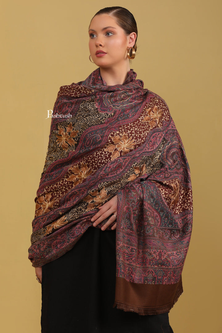 Pashtush India Womens Shawls Pashtush Womens Faux Pashmina Shawl, With Aari Design, Brown