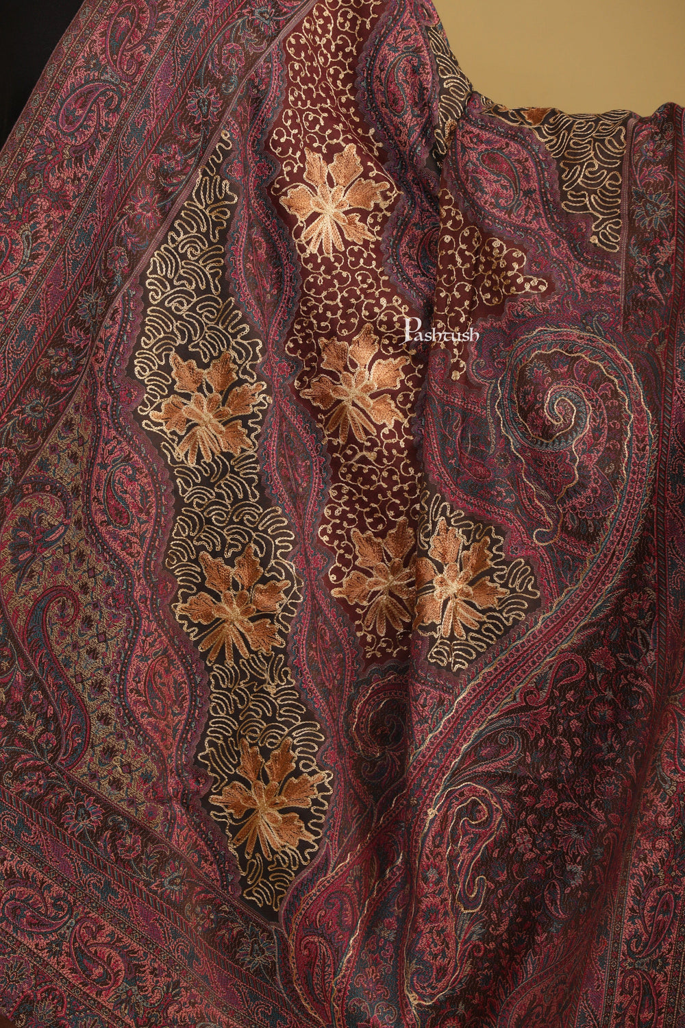 Pashtush India Womens Shawls Pashtush Womens Faux Pashmina Shawl, With Aari Design, Brown