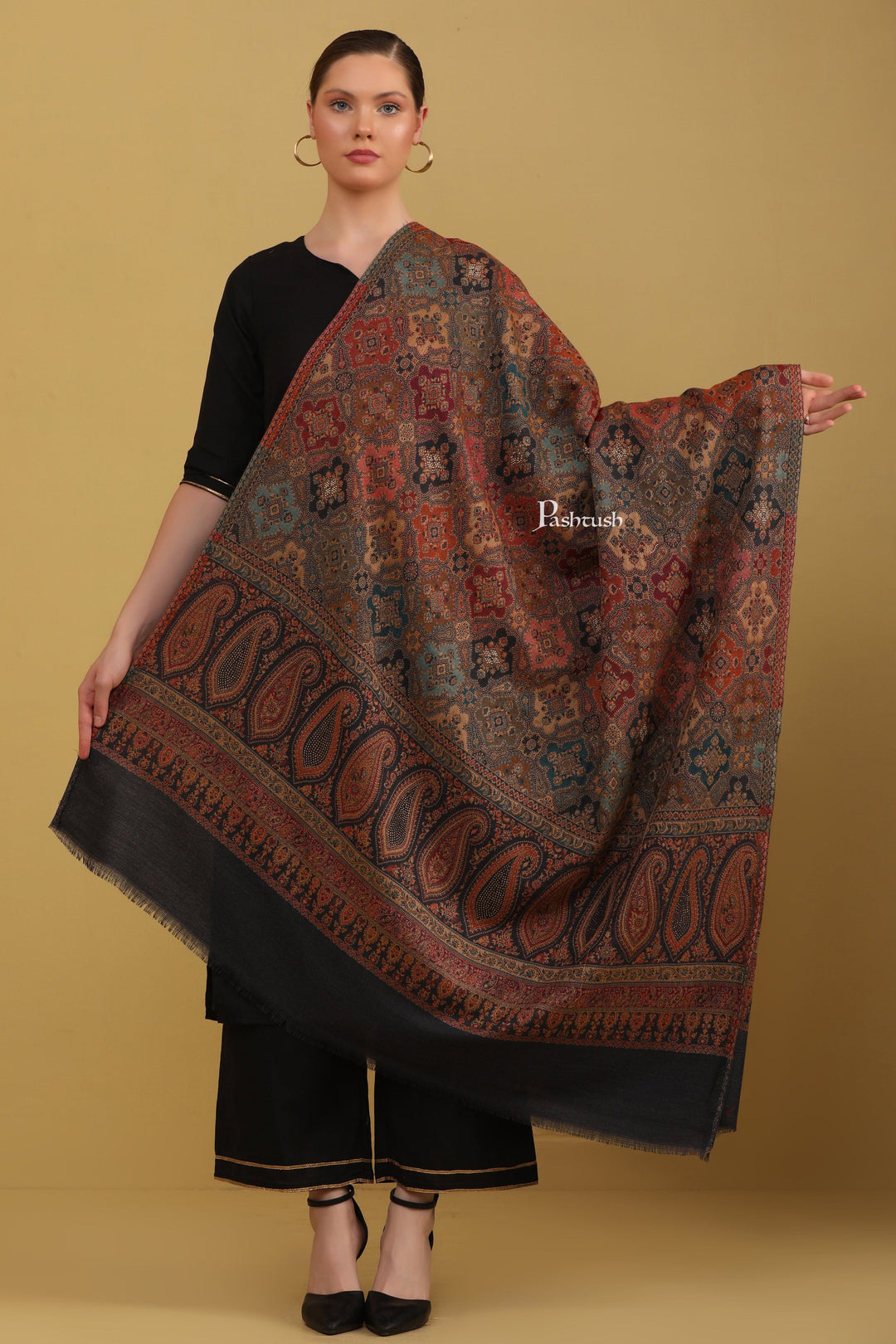 Pashtush India Womens Shawls Pashtush Womens Faux Pashmina Shawl, With Crystal Work, Black