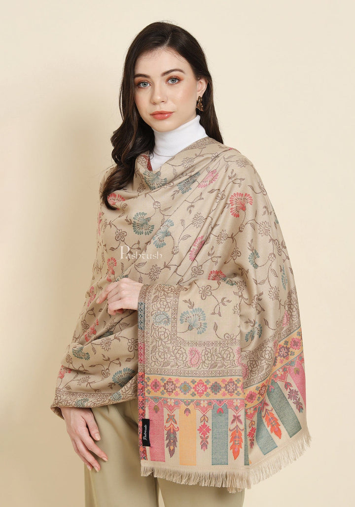 Pashtush India Womens Shawls Pashtush Womens Faux Pashmina Shawl, Woven Floral Design, Beige