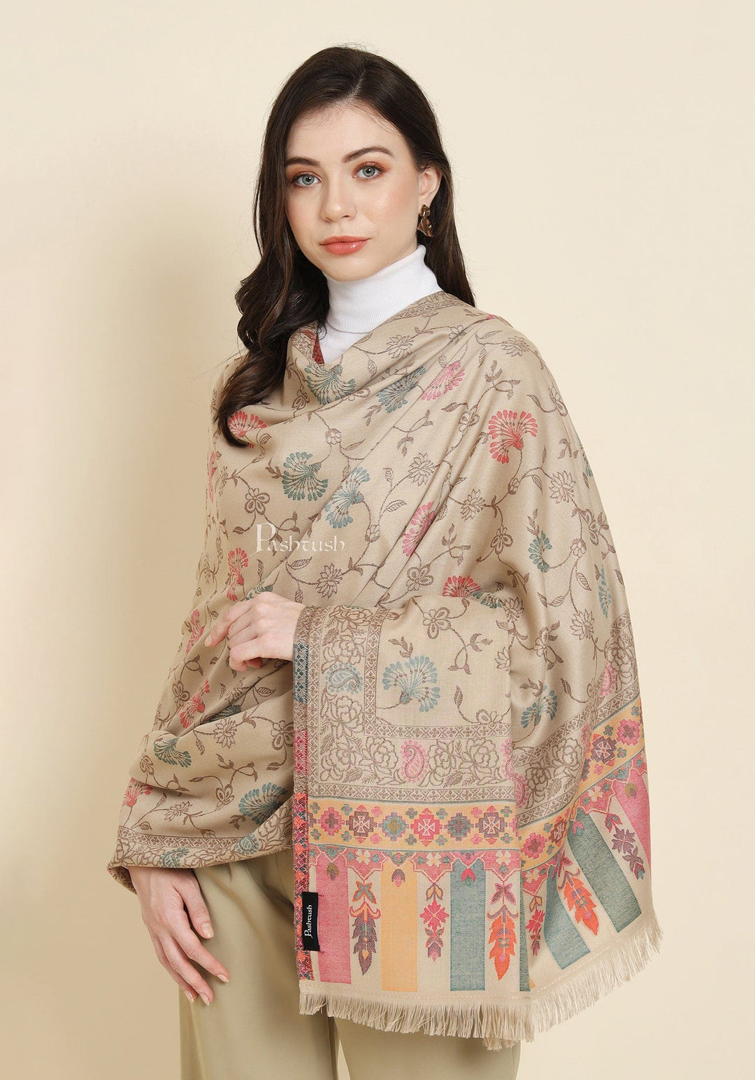 Pashtush women faux pashmina shawl, ethnic weave design, beige
