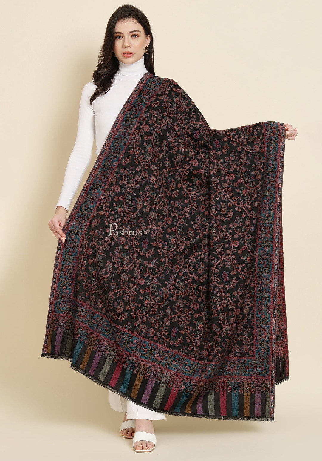 Pashtush India Womens Shawls Pashtush Womens Faux Pashmina Shawl, Woven Floral Design, Black