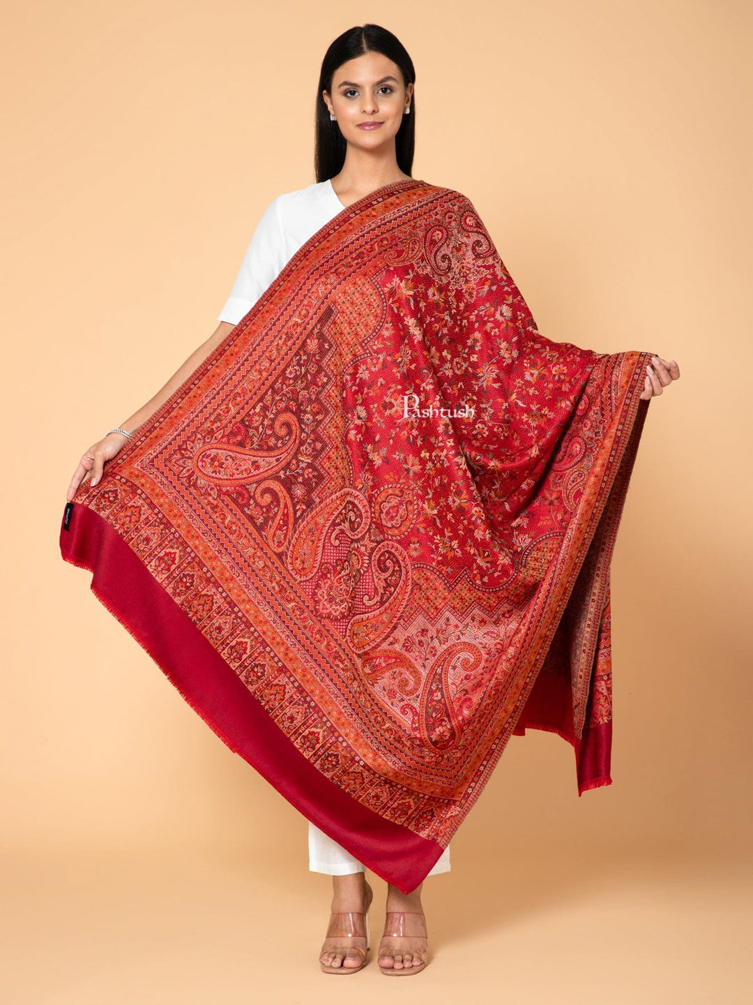 Pashtush India Womens Shawls Pashtush Womens Faux Pashmina Shawl, Woven Jamawar Design, Maroon