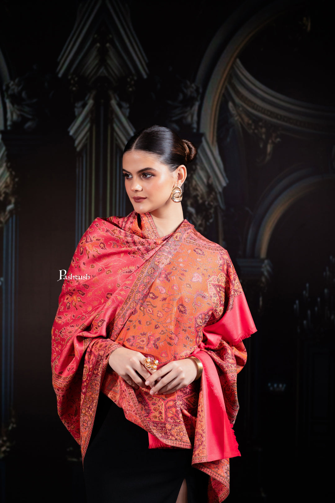 Pashtush India womens scarf and Stoles Pashtush Womens Faux Pashmina Shawl, Woven Jamawar Design, Neon Pink