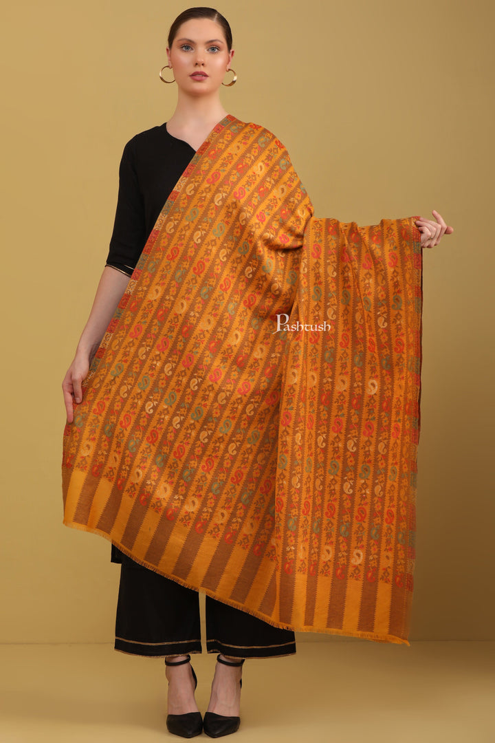 Pashtush India Womens Shawls Pashtush Womens Faux Pashmina Shawl, Woven Striped Weave With Metallic Threads, Mustard