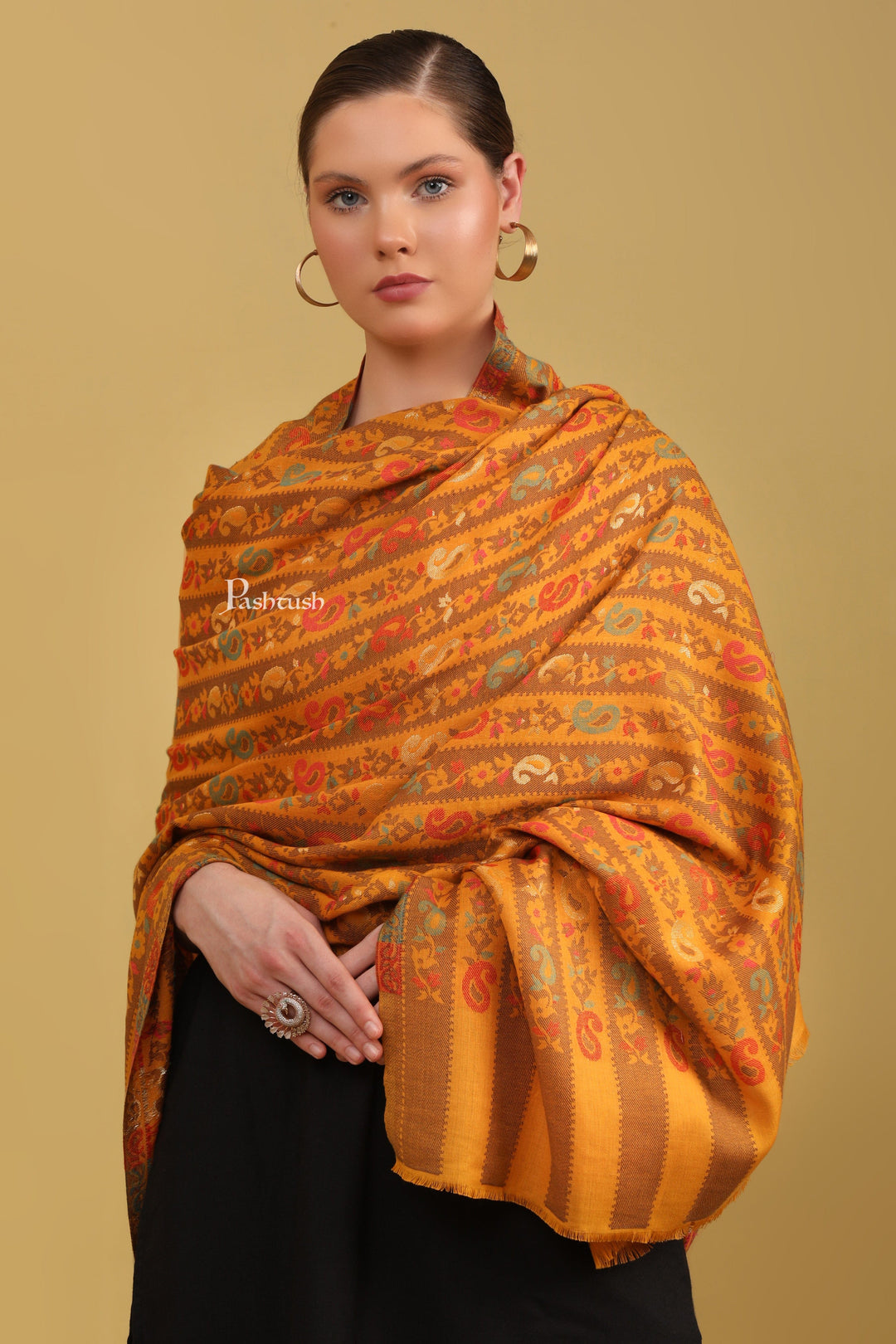 Pashtush India Womens Shawls Pashtush Womens Faux Pashmina Shawl, Woven Striped Weave With Metallic Threads, Mustard