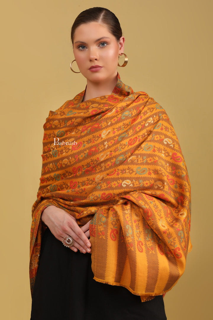 Pashtush India Womens Shawls Pashtush Womens Faux Pashmina Shawl, Woven Striped Weave With Metallic Threads, Mustard