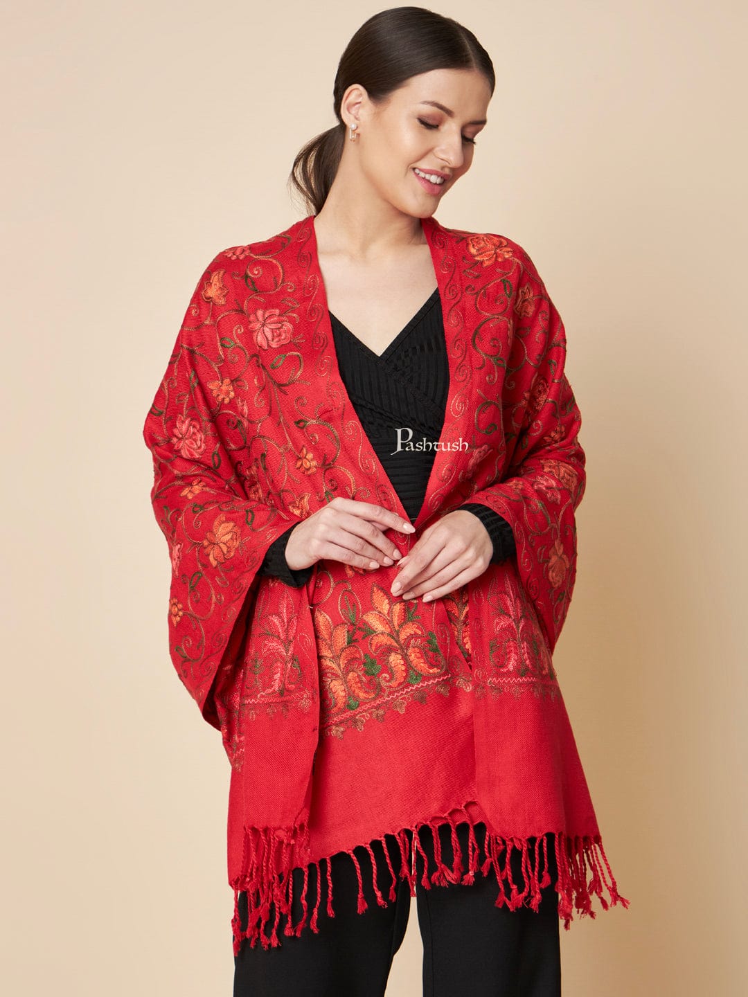 Pashtush India Womens Stoles and Scarves Scarf Pashtush Womens Faux Pashmina Stole, Aari Embroidery Design, Maroon