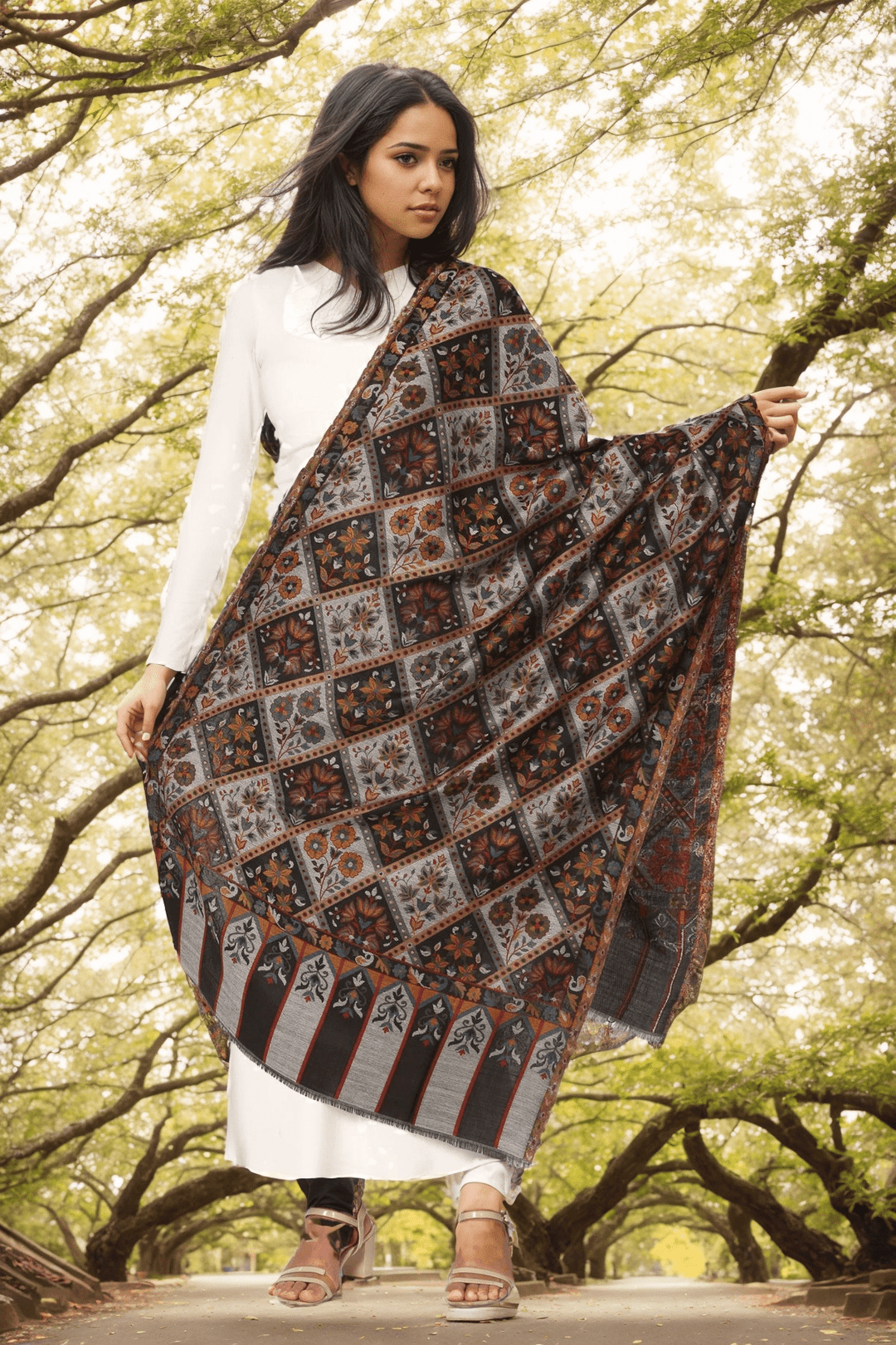 Pashtush India Womens Stoles and Scarves Scarf Pashtush Womens Faux Pashmina Stole, Ethnic Weave Design, Black