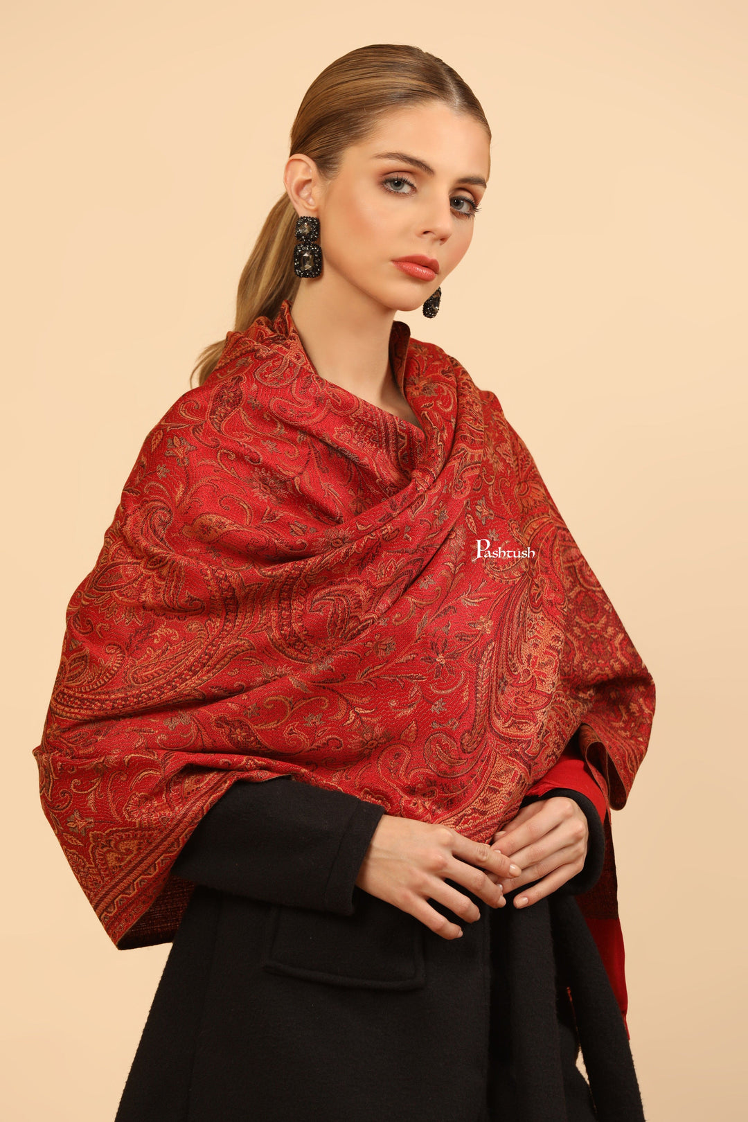 Pashtush India Womens Stoles and Scarves Scarf Pashtush Womens Faux Pashmina Stole, Jamawar Design, Maroon