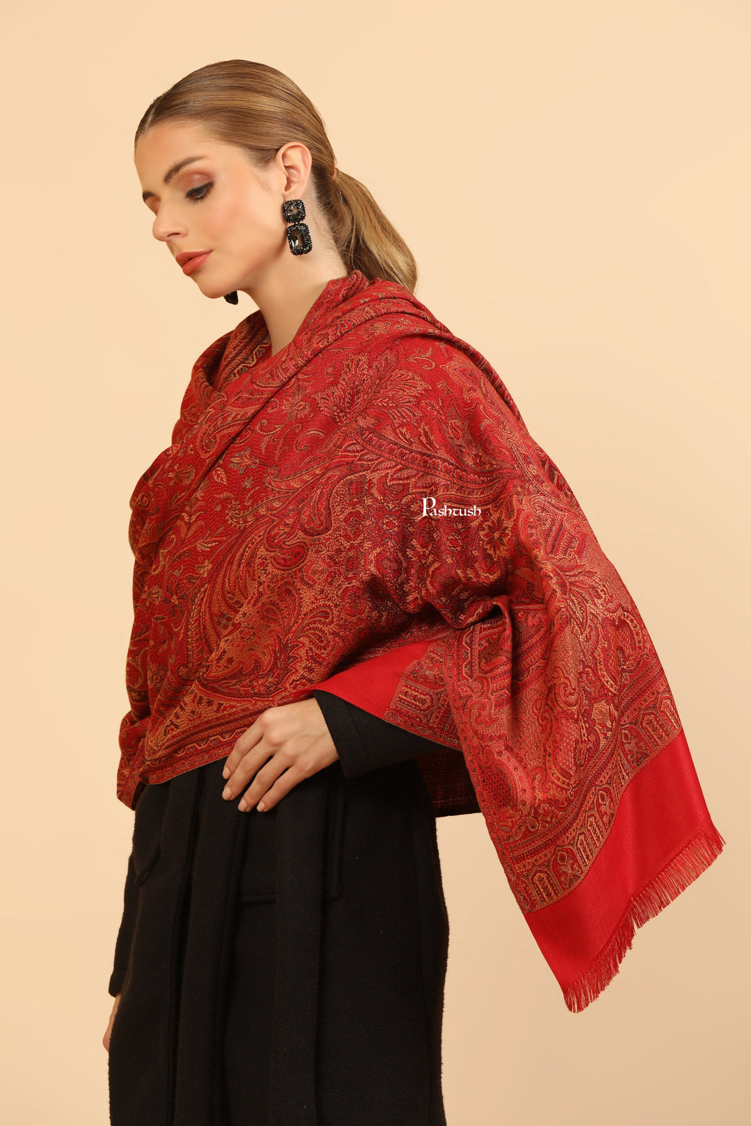 Pashtush India Womens Stoles and Scarves Scarf Pashtush Womens Faux Pashmina Stole, Jamawar Design, Maroon