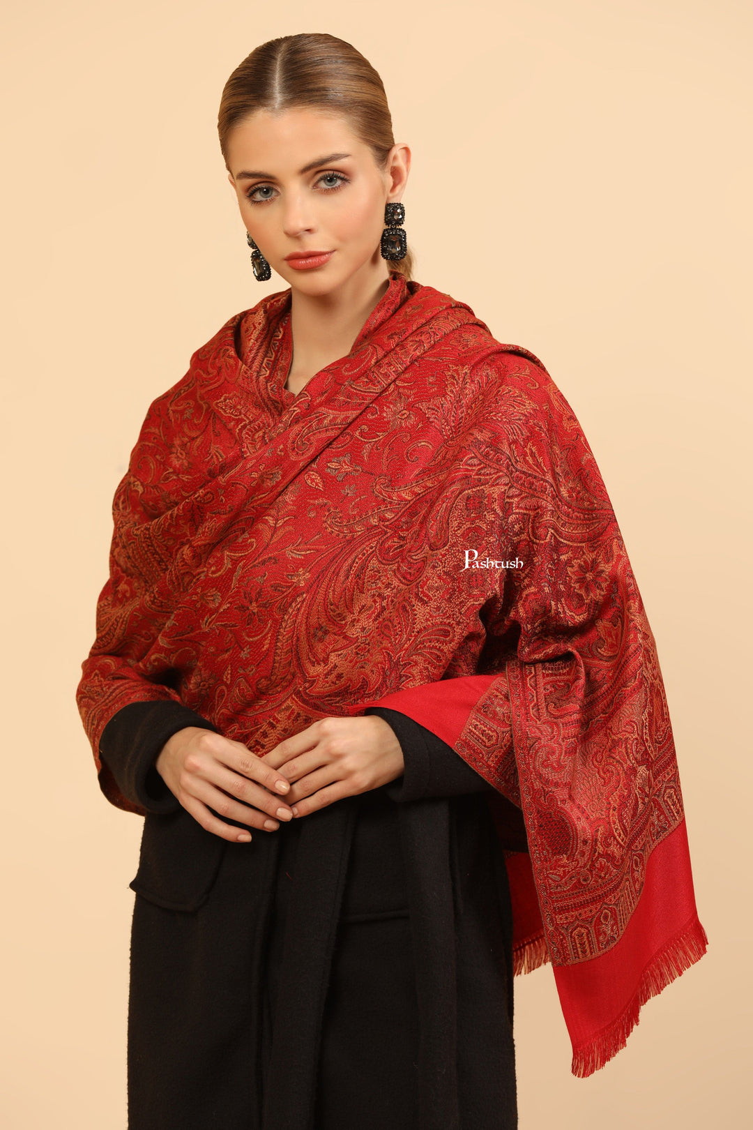Pashtush India Womens Stoles and Scarves Scarf Pashtush Womens Faux Pashmina Stole, Jamawar Design, Maroon