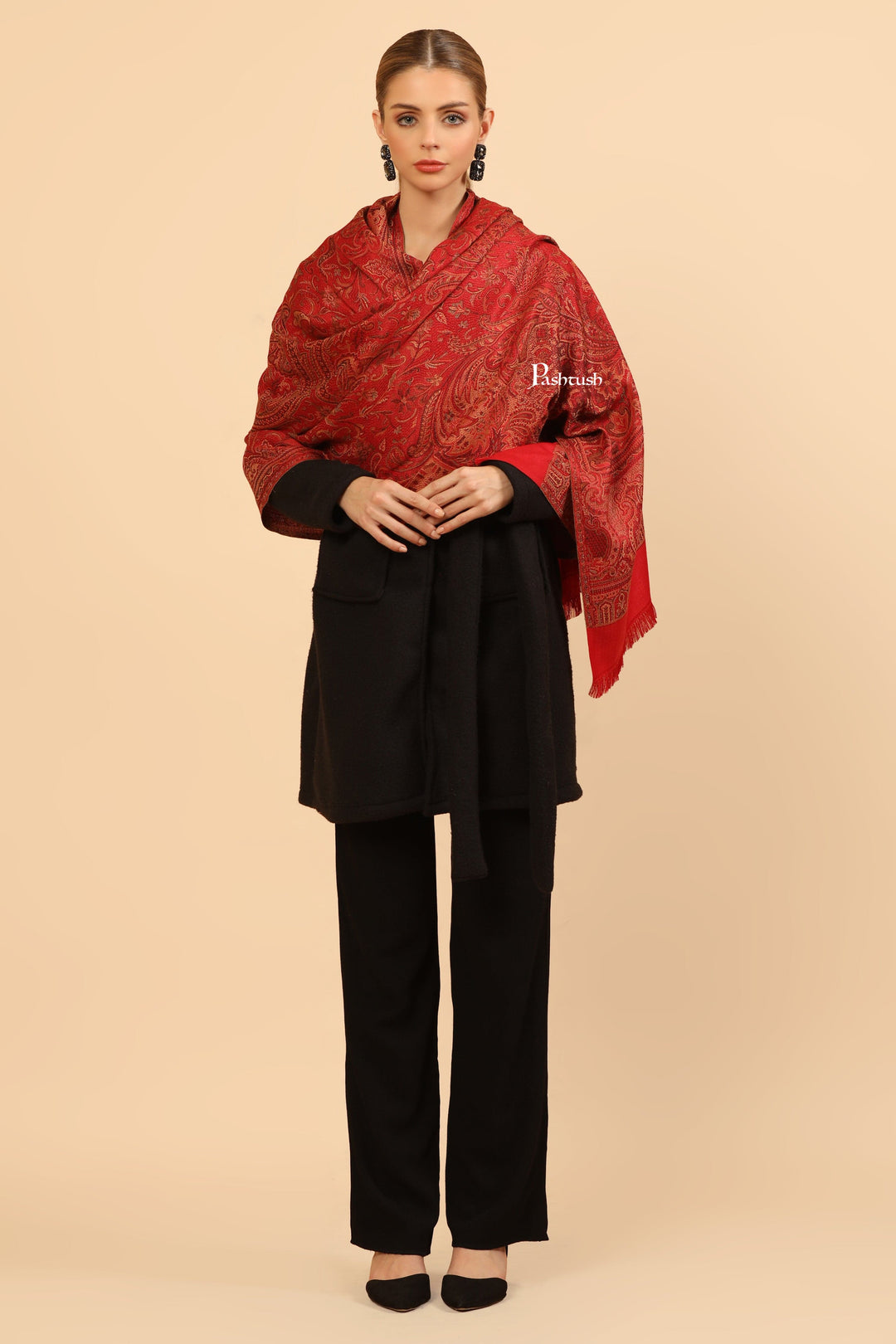 Pashtush India Womens Stoles and Scarves Scarf Pashtush Womens Faux Pashmina Stole, Jamawar Design, Maroon