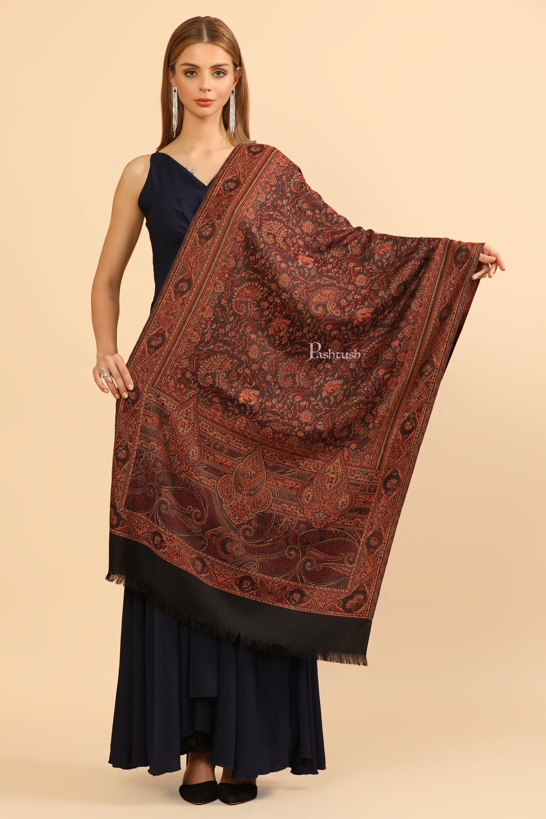 Pashtush India Womens Stoles and Scarves Scarf Pashtush Womens Faux Pashmina Stole, Jamawar Weave Design, Black