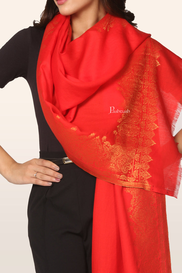 Pashtush India womens scarf and Stoles Pashtush Womens Faux Pashmina Stole, Pasiley Border With Zari Design, Red