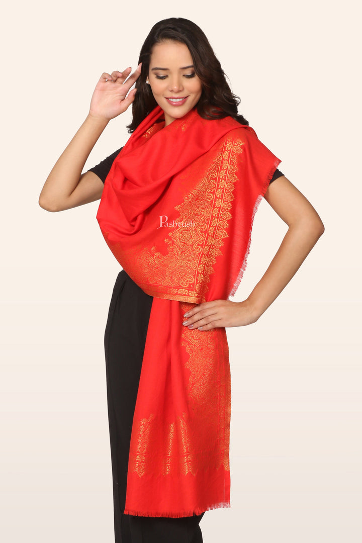 Pashtush India womens scarf and Stoles Pashtush Womens Faux Pashmina Stole, Pasiley Border With Zari Design, Red