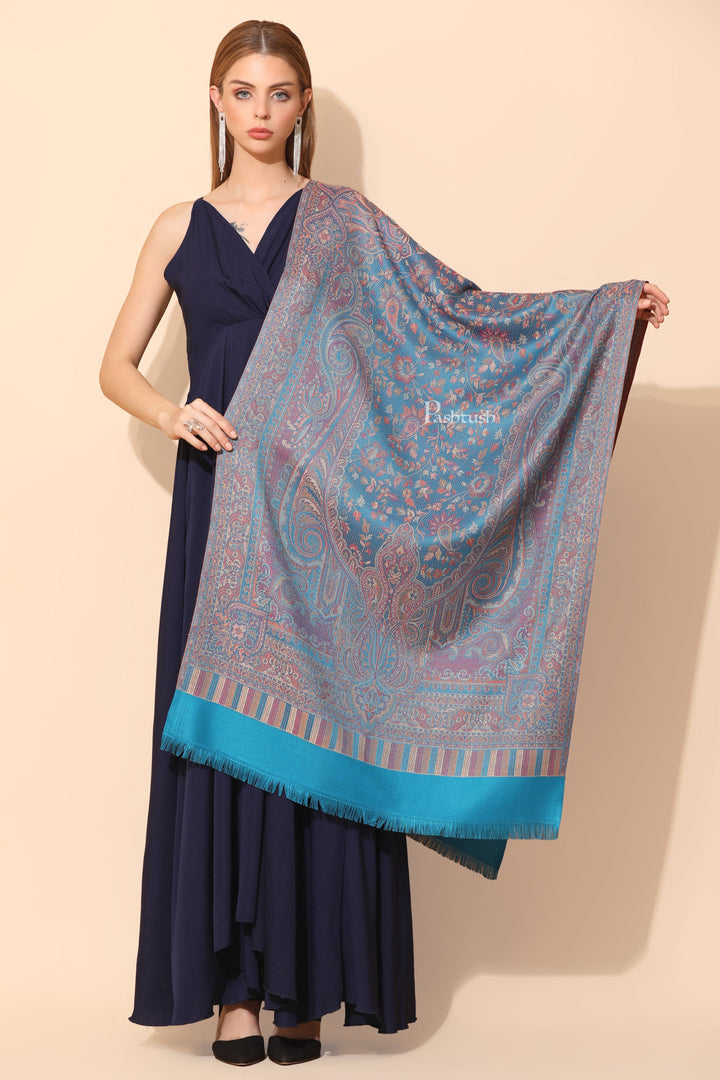 Pashtush India Womens Stoles Pashtush Womens Faux Pashmina Stole, Pasiley Design, Arabic Sea Blue