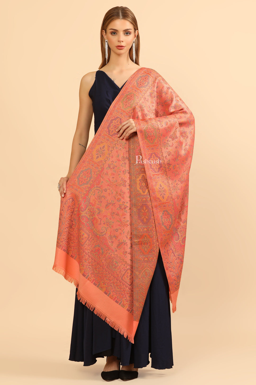 Pashtush India Womens Stoles Pashtush Womens Faux Pashmina Stole, Pasiley Design, Peach