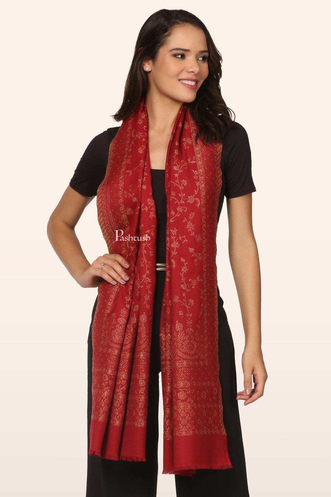 Pashtush India womens scarf and Stoles Pashtush Womens Faux Pashmina Stole, With Zari  Design, Maroon