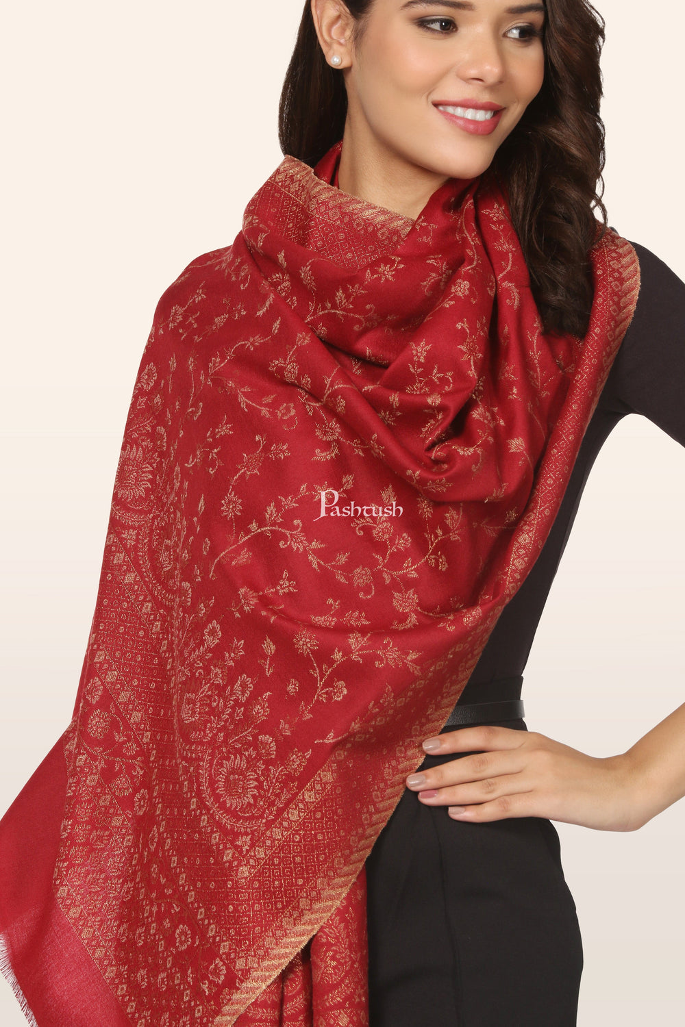 Pashtush India womens scarf and Stoles Pashtush Womens Faux Pashmina Stole, With Zari  Design, Maroon