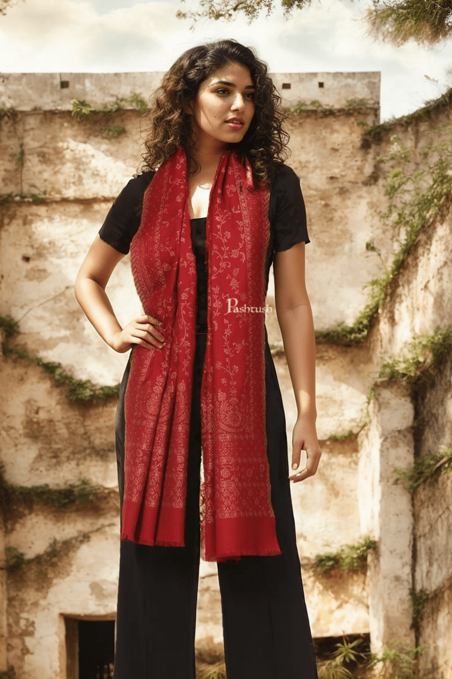 Pashtush India womens scarf and Stoles Pashtush Womens Faux Pashmina Stole, With Zari  Design, Maroon