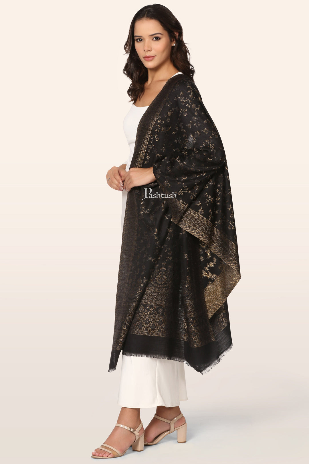 Pashtush India Womens Stoles and Scarves Scarf Pashtush Womens Faux Pashmina Stole, With Zari Paisley Design, Black