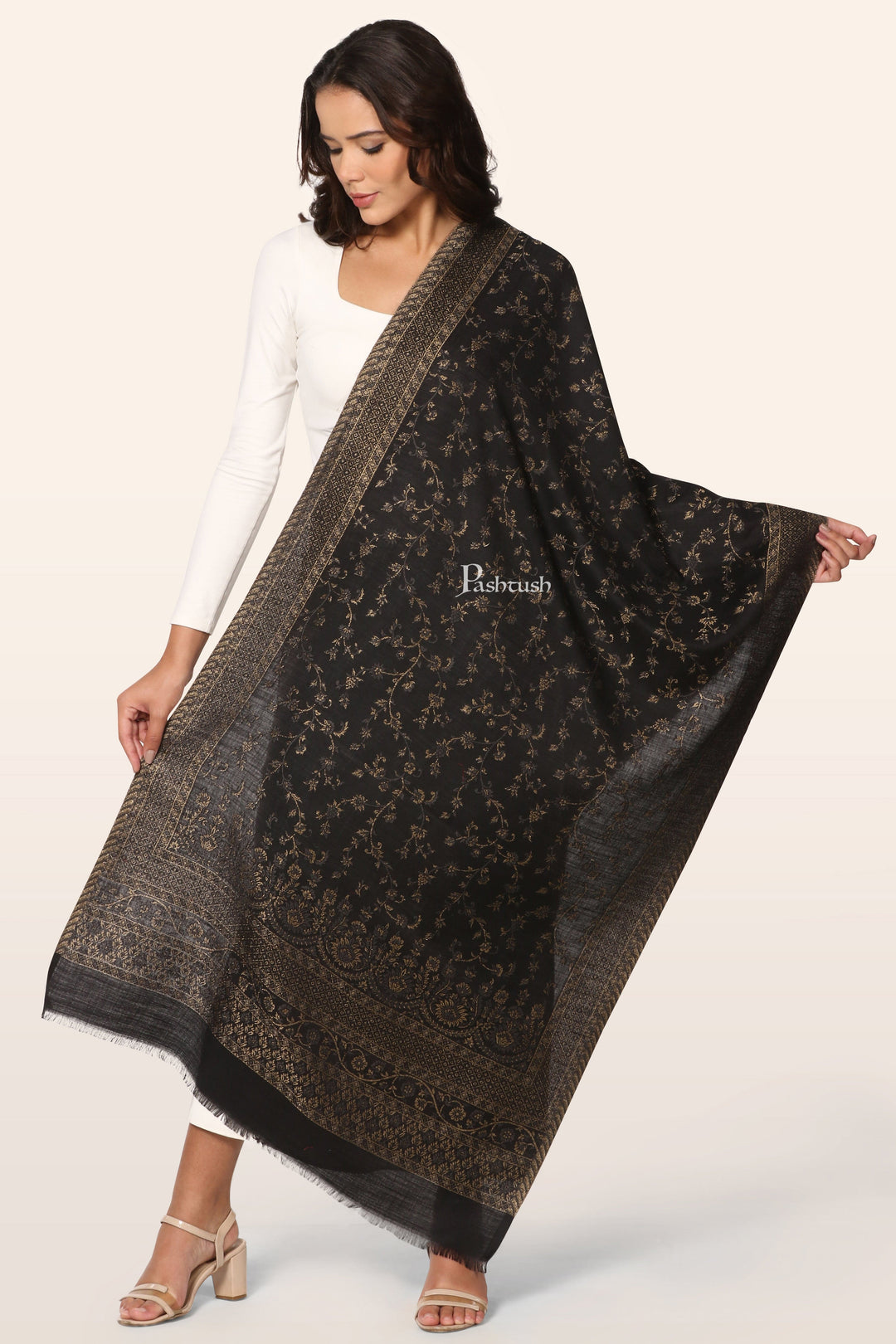 Pashtush India Womens Stoles and Scarves Scarf Pashtush Womens Faux Pashmina Stole, With Zari Paisley Design, Black