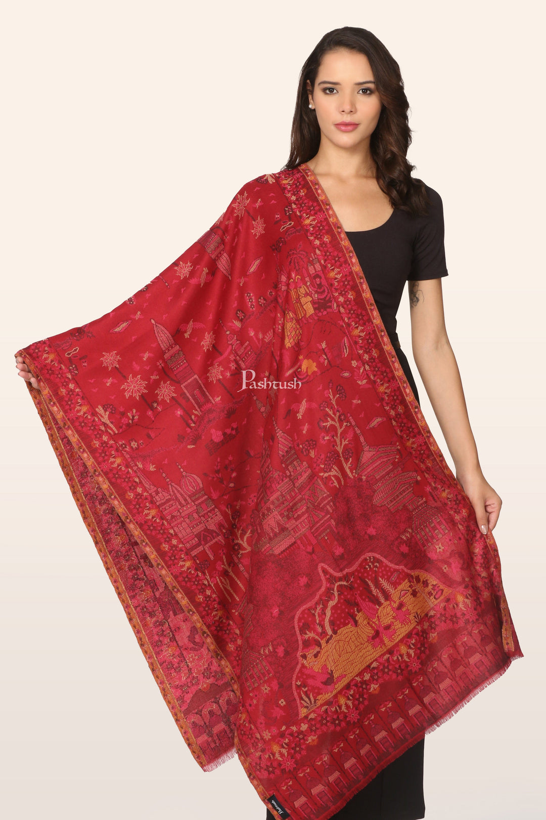 Pashtush India womens scarf and Stoles Pashtush Womens Faux Pashmina Stole, Woven Monument design, Crimson